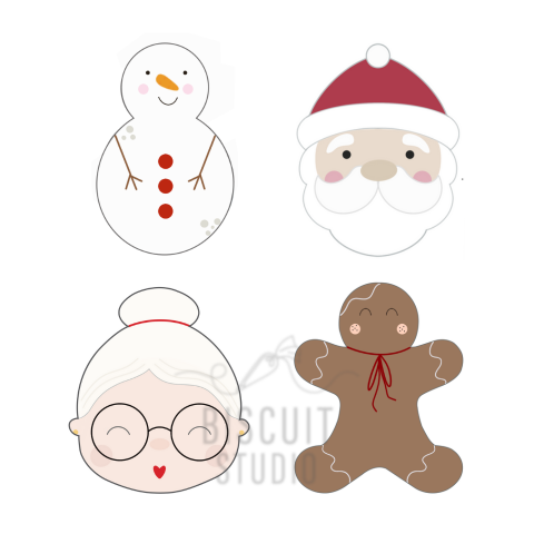 Set of Christmas-themed cutters including a snowman, Santa Claus, an Mrs Claus and a gingerbread man