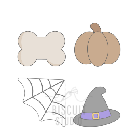 Halloween-themed cookie cutters including a bone, pumpkin, spider web, and witch hat.
