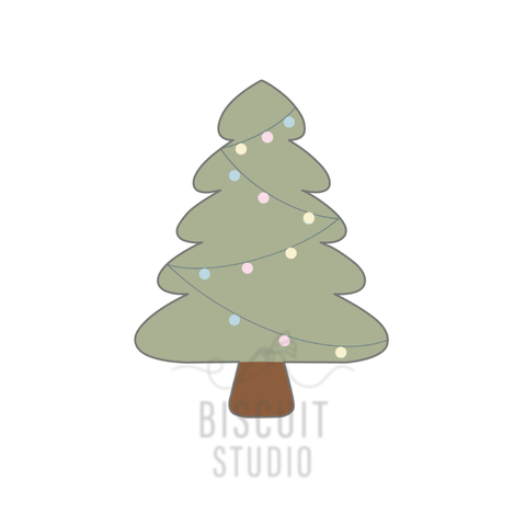 Cookie cutter of a Christmas tree with lights by Biscuit Studio.