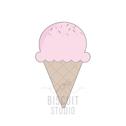 Ice cream cone with pink scoop cookie cutter design from Biscuit Studio