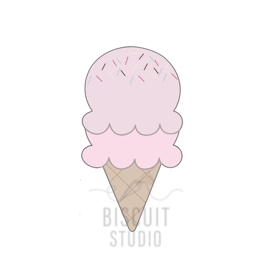 Ice cream cone with pink soft serve and sprinkles cookie cutter design by Biscuit Studio