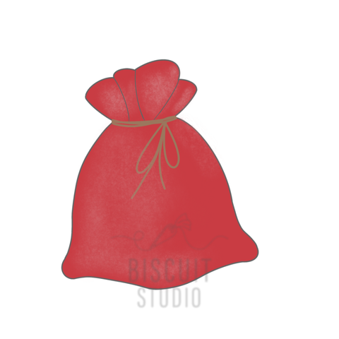Red toy sack cookie cutter with a brown ribbon on a white background, featuring 'Biscuit Studio' logo.
