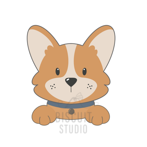 Cartoon dog with a blue collar cookie cutter featuring the Biscuit Studio logo.