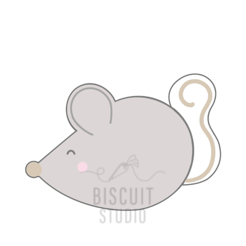 Gray mouse with a pink blush and beige tail cookie cutter by Biscuit Studio.