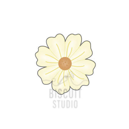 A cookie cutter in the shape of a daisy with 8 petals designed by Biscuit Studio