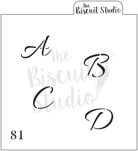 Stylized calligraphy script letters A, B, C, and D on a white background, number 81.