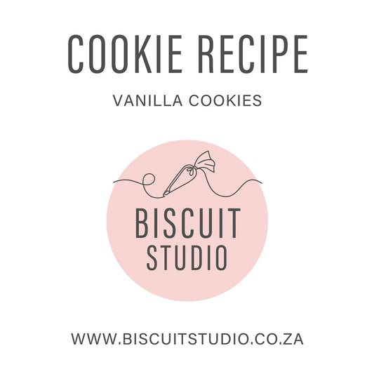 Cookie recipe card for vanilla cookies with piping bag illustration and website link.