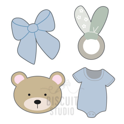 A set of four mini baby-themed cookie cutters by Biscuit Studio