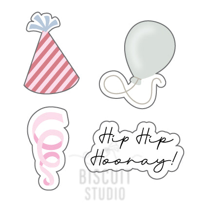A set of four mini cookie cutters in the shapes of a party hat, a balloon, a streamer, and the phrase 'Hip Hip Hooray!' designed by Biscuit Studio.
