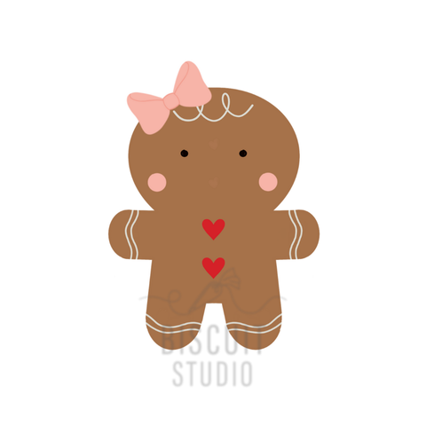 Design of a gingerbread girl cookie cutter with a pink bow by Biscotti Studio