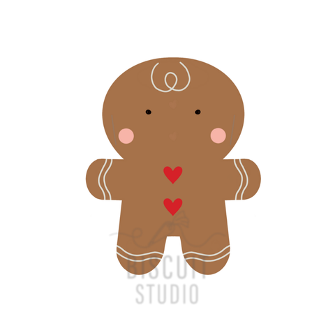 Illustration of a gingerbread man cookie cutter showing a heart pattern  by the Biscuit Studio logo.