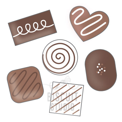 A collection of six chocolate-shaped cookie cutters in various designs, including shapes of a bar of chocolate, a heart, a spiral, a square with diagonal lines, a dotted square, and a striped rectangle. by Biscuit Studio