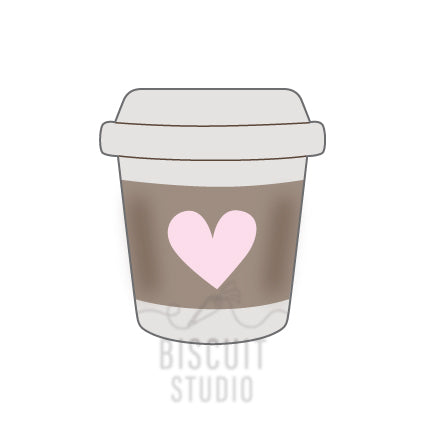 A cookie cutter design of a takeaway cup with a heart shape on it by Biscuit Studio