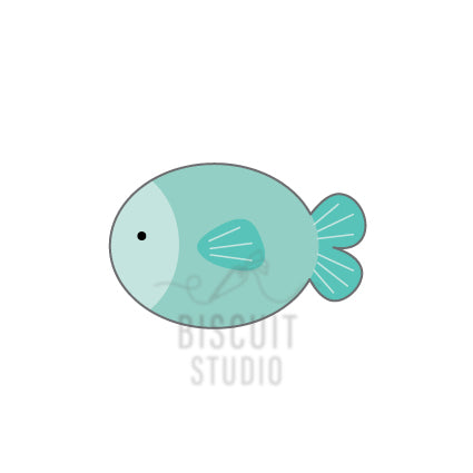 A blue fish-shaped cookie cutter by Biscuit Studio