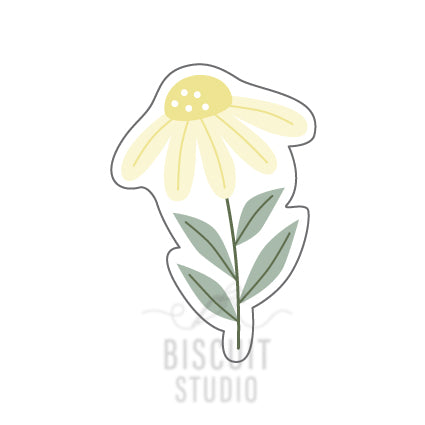A cookie cutter designed in the shape of a daisy with leaves, in various shades of yellow and green by Biscuit Studio