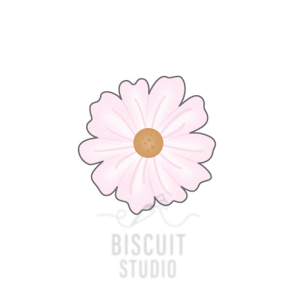 A cookie cutter designed in the shape of a pink gerbera daisy by Biscuit Studio.