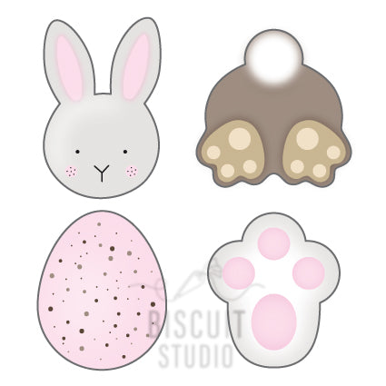 A set of four mini Easter cookie cutters, including shapes of a rabbit, an egg, and two different styles of bunny paws.