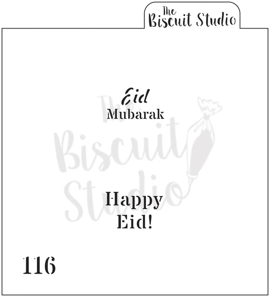 Eid Mubarak greeting card with 'Happy Eid' text in black on a white background, design number 116.