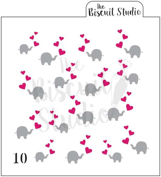 Gray elephant illustrations with pink hearts on a white background, playful animal pattern
