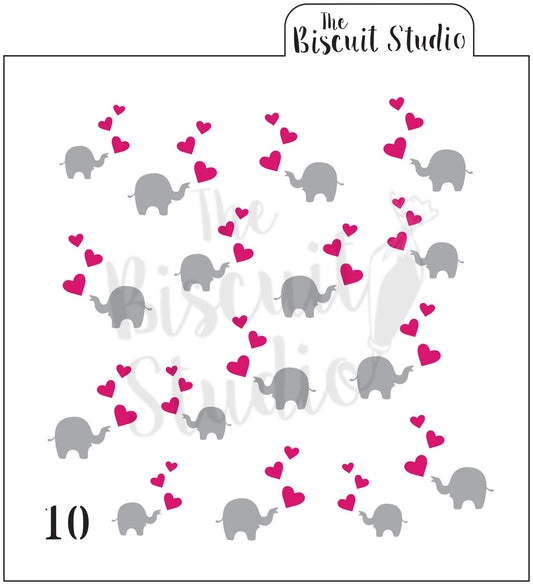 Elephant blowing hearts cookie stencil (2 set)