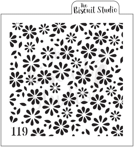 Black floral pattern stencil design with scattered daisy flowers and leaves on white background.