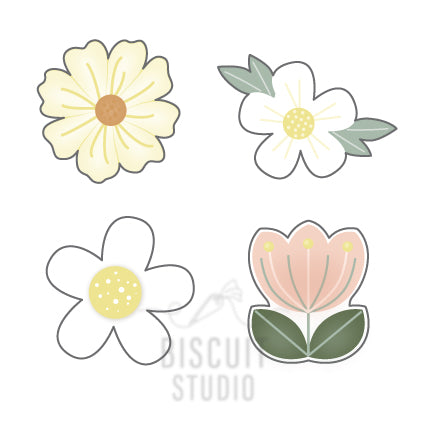 A set of four mini flower cookie cutters in various designs, including a daisy and other floral shapes, made from food-safe plastic by Biscuit Studio.