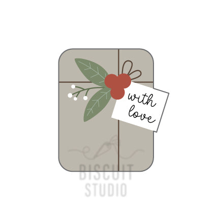 Gift box with decorative elements and 'with love' tag on it designed by the Biscuit Studio