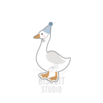 A cookie cutter in the shape of a goose wearing a party hat by Biscuit Studio