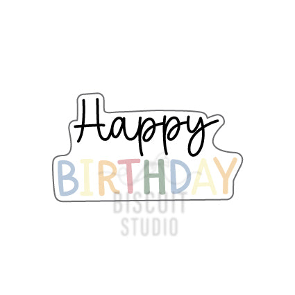 Colorful 'Happy Birthday' text cookie cutter by Biscuit Studio