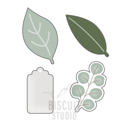 A set of cookie cutters in the shapes of leaves and a tag by Biscuit Studio