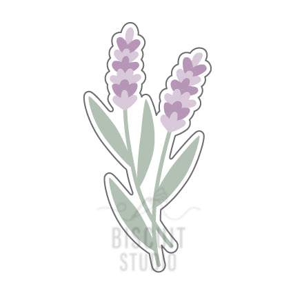 A Cookie cutter in the shape of a long stem lavender flower with purple petals and green leaves by Biscuit Studio