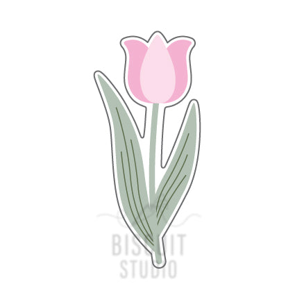 A long stem tulip cookie cutter with a pink flower design by Biscuit Studio
