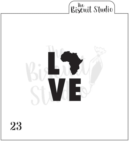 LOVE typography with Africa map silhouette as the letter O, minimalist design, black and white.