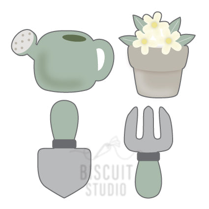 A set of four mini gardening-themed cookie cutters by Biscuit Studio