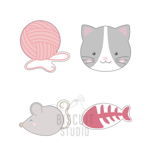 Cartoon cat, toy mouse, fish, and yarn ball cookie cutter design by Biscuit Studio