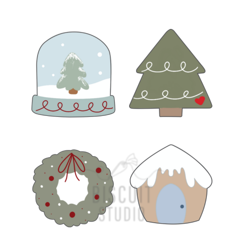 Set of Christmas-themed cookie cutter designs including a snow globe, tree, wreath, and mini house by Biscuit Studio