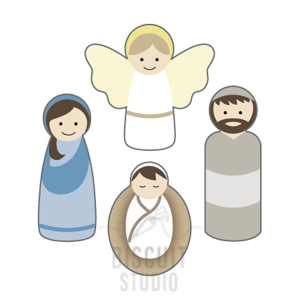 Nativity scene with an angel, Mary, Joseph, and baby Jesus. by Biscuit Studio