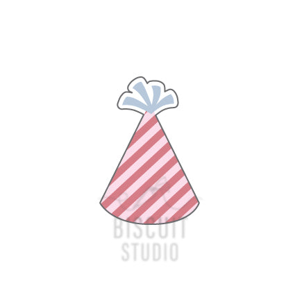 A party hat-shaped cookie cutter with red and white stripes and a blue bow on top by Biscuit Studio