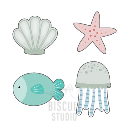A set of four mini cookie cutters in the shapes of a seashell, starfish, fish, and jellyfish, by Biscuit Studio.