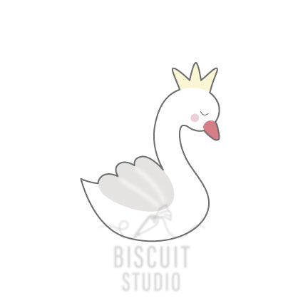 A cartoon-like cookie cutter designed in the shape of a white swan with a crown by Biscuit Studio