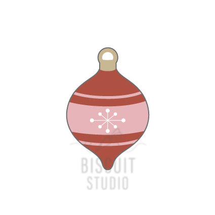 Decorative ornament with red and pink stripes and a gold accent design by Biscuit Studio