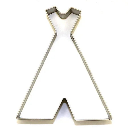 metal teepee cookie cutter for baking, shaped like a tent on white background