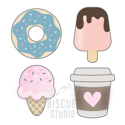 A set of four cookie cutters in the shapes of a donut, ice cream cone, popsicle, and a coffee cup, with cute design elements such as sprinkles and a heart by Biscuit Studio.