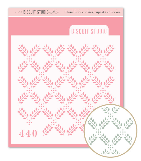Biscuit Studio cookie stencil with leaf decorative pattern.