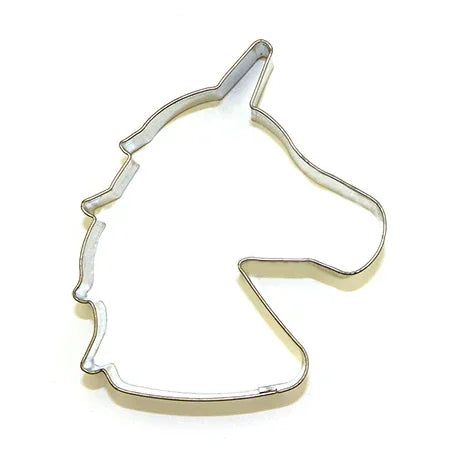 Unicorn head metal cookie cutter for baking, shaped in a unicorn silhouette on white background.