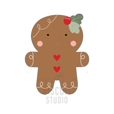 Cartoon gingerbread man with red hearts and a holly leaf cookie cutter by Biscuit Studio.