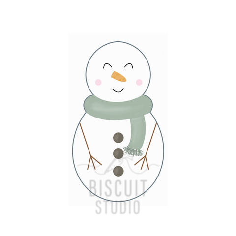 Cartoon snowman with a green scarf cookie cutter design by Biscuit Studio.