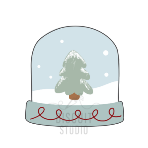 Design of a snow globe featuring the Biscuit Studio logo.