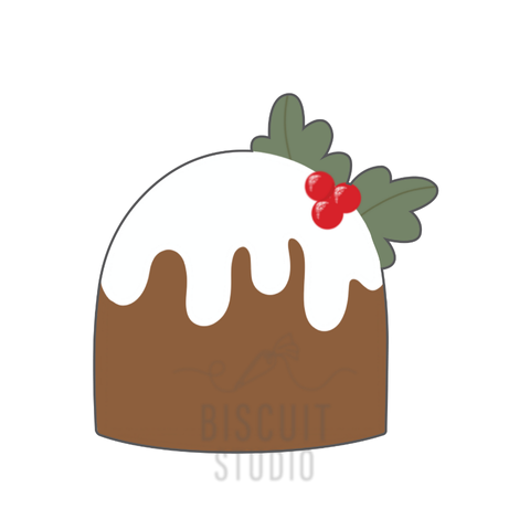 Design of a Christmas pudding  cookie cutter with white cream and holly decorations by Biscuit Studio.