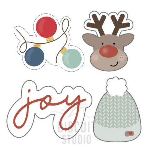 Set of Christmas-themed cutouts including a reindeer, lights, and 'joy' text on a white background. Ideal for gift giving this coming holiday.